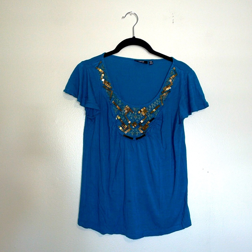 Apt. 9 | Blue Embellished Short Sleeve Blouse
